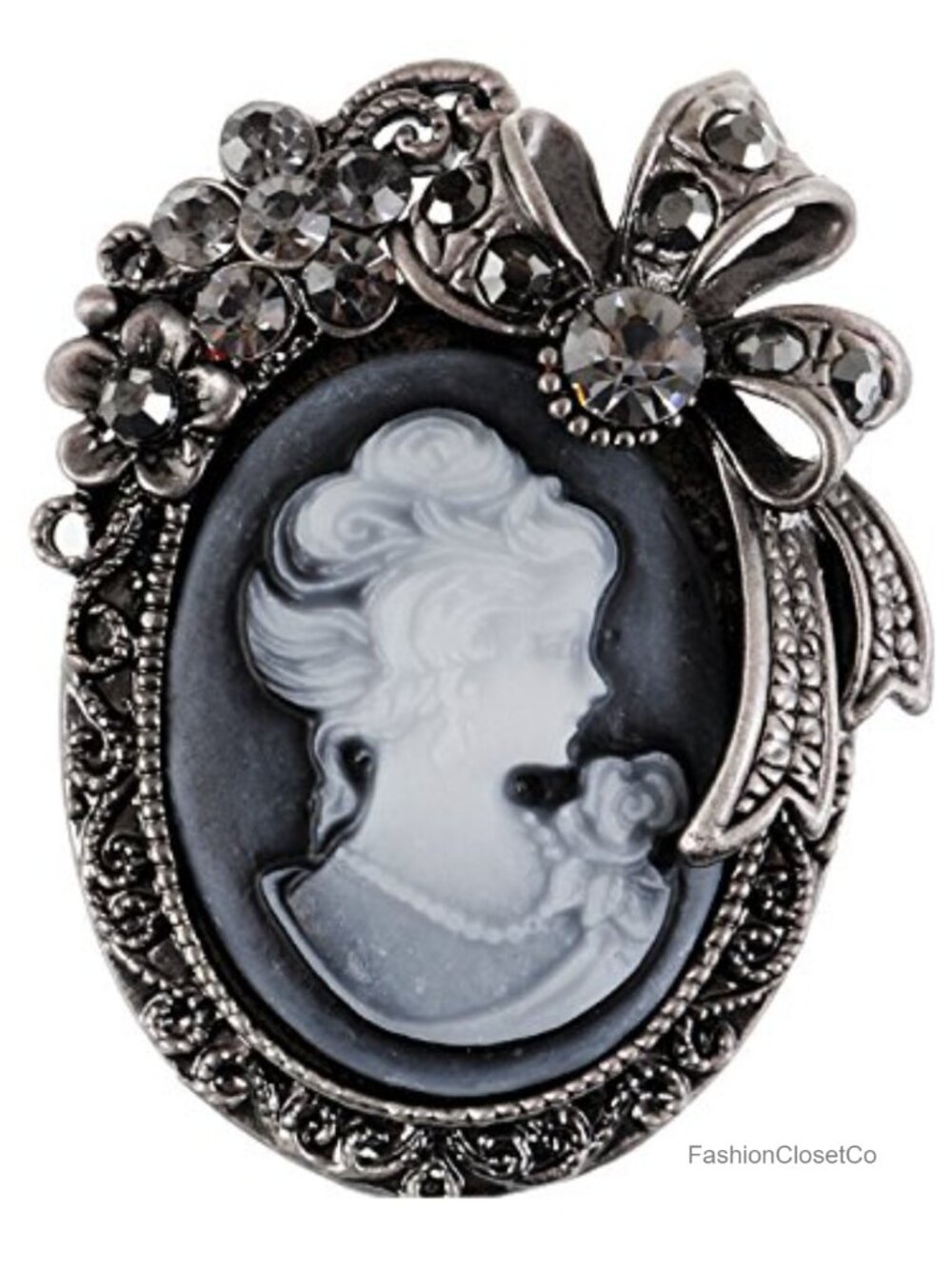 Vintage Crystal Rhinestone Cameo Brooch Pin Maiden Flower Ribbon Bow Pendant